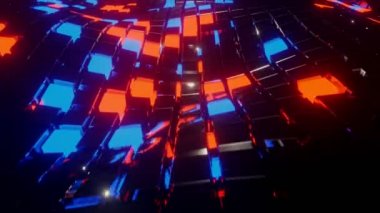 Soyut geometrik küplerin parlayan ışıklarla dalga yüzeyi fütüristik, 3D görüntüleme