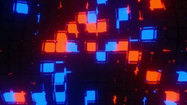 Soyut geometrik küplerin parlayan ışıklarla dalga yüzeyi fütüristik, 3D görüntüleme