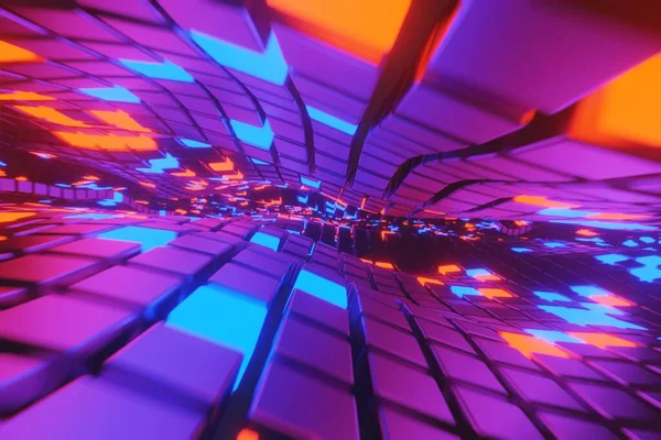 Cubos Geométricos Abstratos Superfície Acenar Com Luzes Brilhantes Futurista Renderização — Fotografia de Stock
