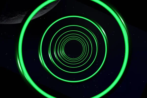 Illuminante Neon Astratto Cerchio Luce Futuristica Tech Spazio Rendering — Foto Stock