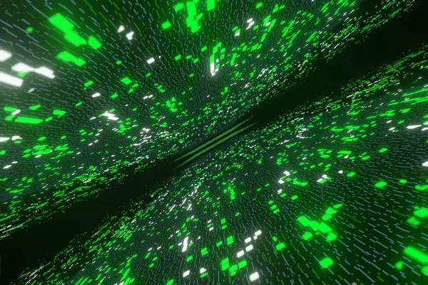 Green Futuristic Stream Data Communication Flying Into Digital Technologic 3d rendering