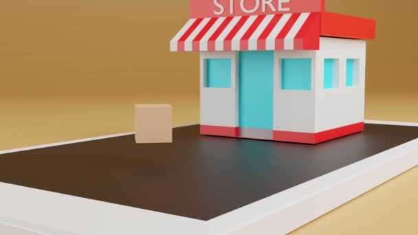 Animation Online Shopping Commerce Shop Und Box Auf Smartphone Rendering — Stockvideo