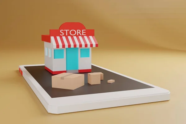 Animacja Zakupy Online Commerce Sklep Pudełko Smartfonie Renderowanie — Zdjęcie stockowe