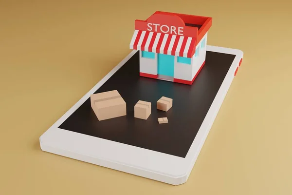 Animacja Zakupy Online Commerce Sklep Pudełko Smartfonie Renderowanie — Zdjęcie stockowe