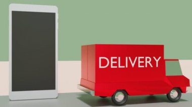 Animasyon çevrimiçi alışveriş E-ticaret, depolama ve teslimat kamyonları akıllı telefondan, 3D görüntüleme