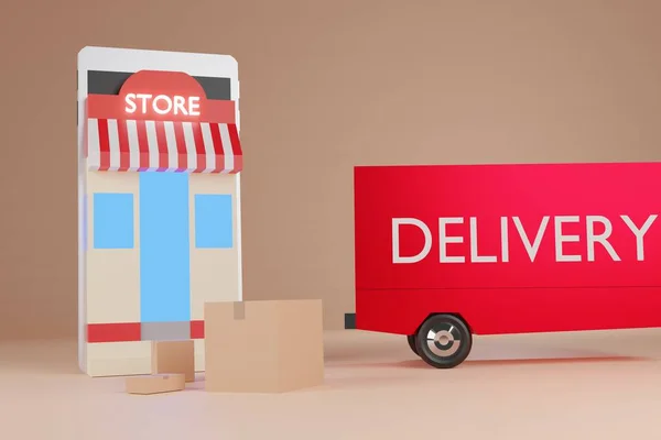 Animatie Online Winkelen Commerce Winkel Doos Levering Vrachtwagens Smartphone Rendering — Stockfoto