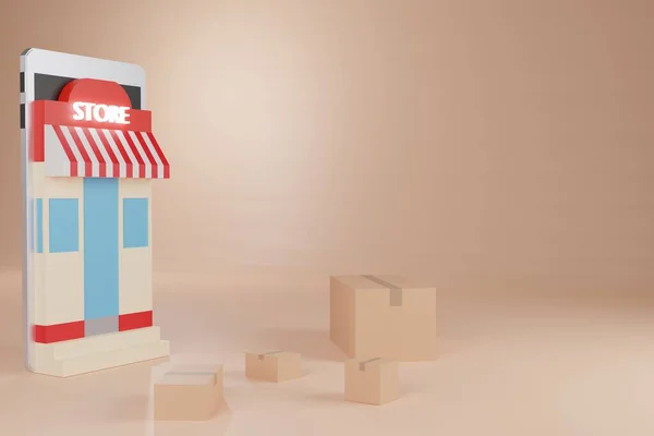 动漫网上购物电子商务 盒子和送货卡车在智能手机上 3D渲染 — 图库照片