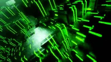 Bilimkurgu şehri fütüristik veri iletişimi dijital teknolojik tünel animasyonuna doğru uçuyor.