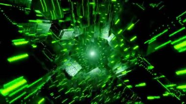 Bilimkurgu şehri fütüristik veri iletişimi dijital teknolojik tünel animasyonuna doğru uçuyor.