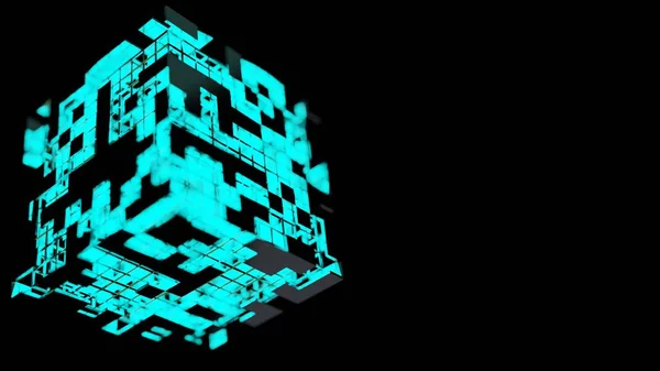 Синий Неоновый Световой Куб Сеть Футуристических Полетов Цифровой Технологической Анимации — стоковое фото