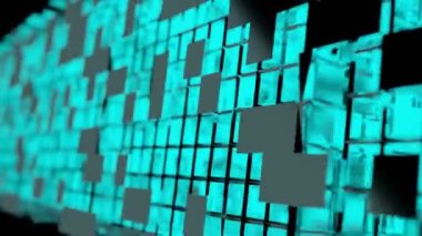 Mavi Neon Işık Küpü Blokzincir Ağı dijital teknolojik animasyon 3D görüntüleme içine uçan fütürist 