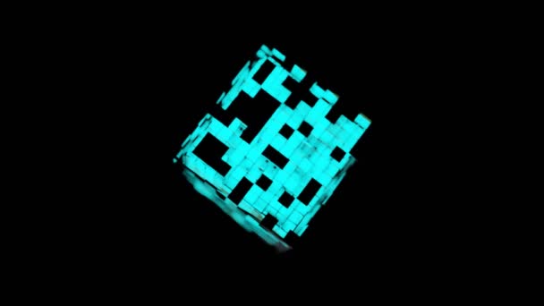 Blue Neon Light Cube Blockchain Network Futuristické Létání Digitální Technologické — Stock video