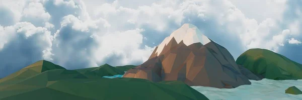 Lowpoly Paisagem Natureza Com Montanhas Árvores Nuvens Pôr Sol Fundo — Fotografia de Stock