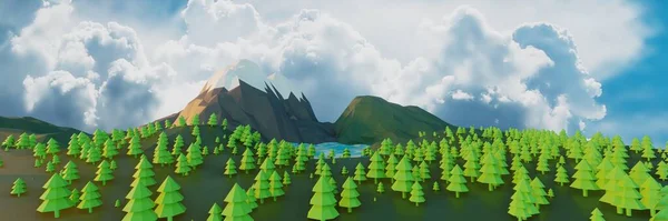 Paisaje Lowpoly Naturaleza Con Montañas Árboles Nubes Atardecer Fondo Mínimo — Foto de Stock