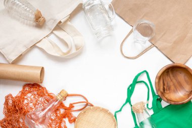 Zero waste concept. Set of Eco-friendly bags, string bags. Copy space, light background.