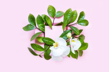 Yumruk şeklinde pastel arka planda çiçek çerçevesi. Sevgililer Günü, Kadın Günü konsepti. Fotokopi alanı olan bahar ya da yaz afişi