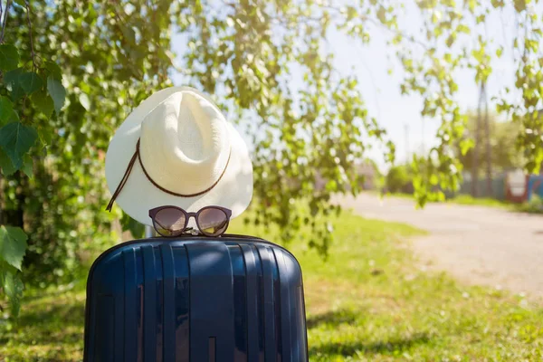 Blue Suitcase Background Nature Summer Day Summer Concept Traveling Suitcase — 스톡 사진