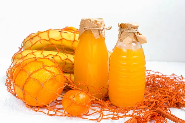 Concepto Cero Residuos Bolsa Ecológica Con Plátano Fruta Fresca Naranja — Foto de Stock