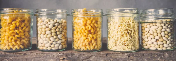 Various Raw Cereals Grains Beans Pasta Cooking Healthy Food Glass — Stock Photo, Image