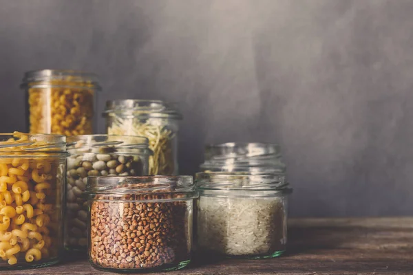 Various Raw Cereals Grains Beans Pasta Cooking Healthy Food Glass — Stock Photo, Image