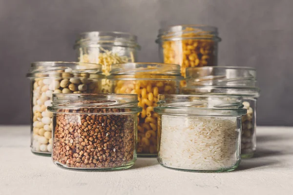 Various Raw Cereals Grains Beans Pasta Cooking Healthy Food Glass — Stock Photo, Image