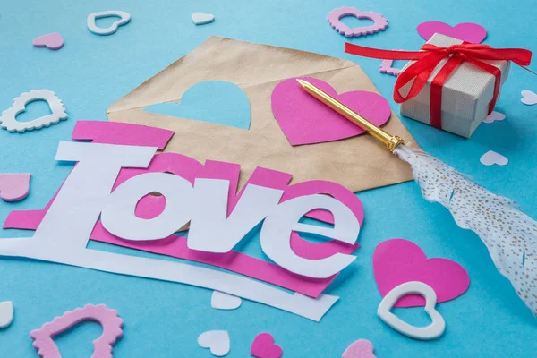 Día San Valentín Preparación Para Las Vacaciones Corazones Papel Palabras — Foto de Stock