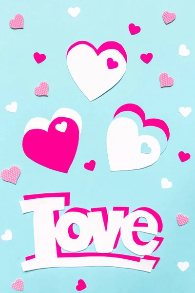 Tarjeta Presentación Para Día San Valentín Corazones Palabra Amor Papel — Foto de Stock