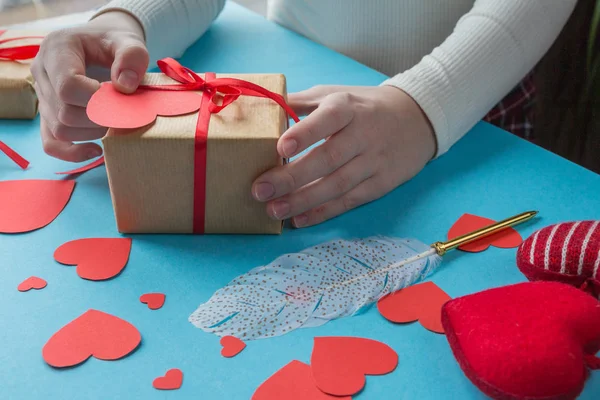 Hands Girl Preparing Gift Valentine Day Handmade Valentines Blue Background Stock Image