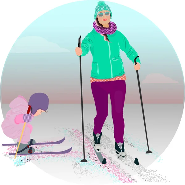 女子滑雪者。冬季运动和活动 — 图库矢量图片