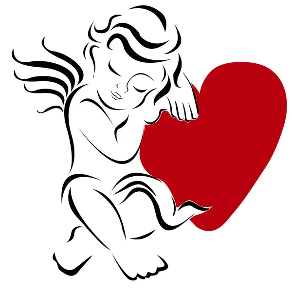 Χαριτωμένος Έρωτας και ένας άγγελος του έρωτα με καρδιά, φτερά και φτερά. Σιλουέτα για την ημέρα του Αγίου Βαλεντίνου, διανυσματική απεικόνιση. — Διανυσματικό Αρχείο