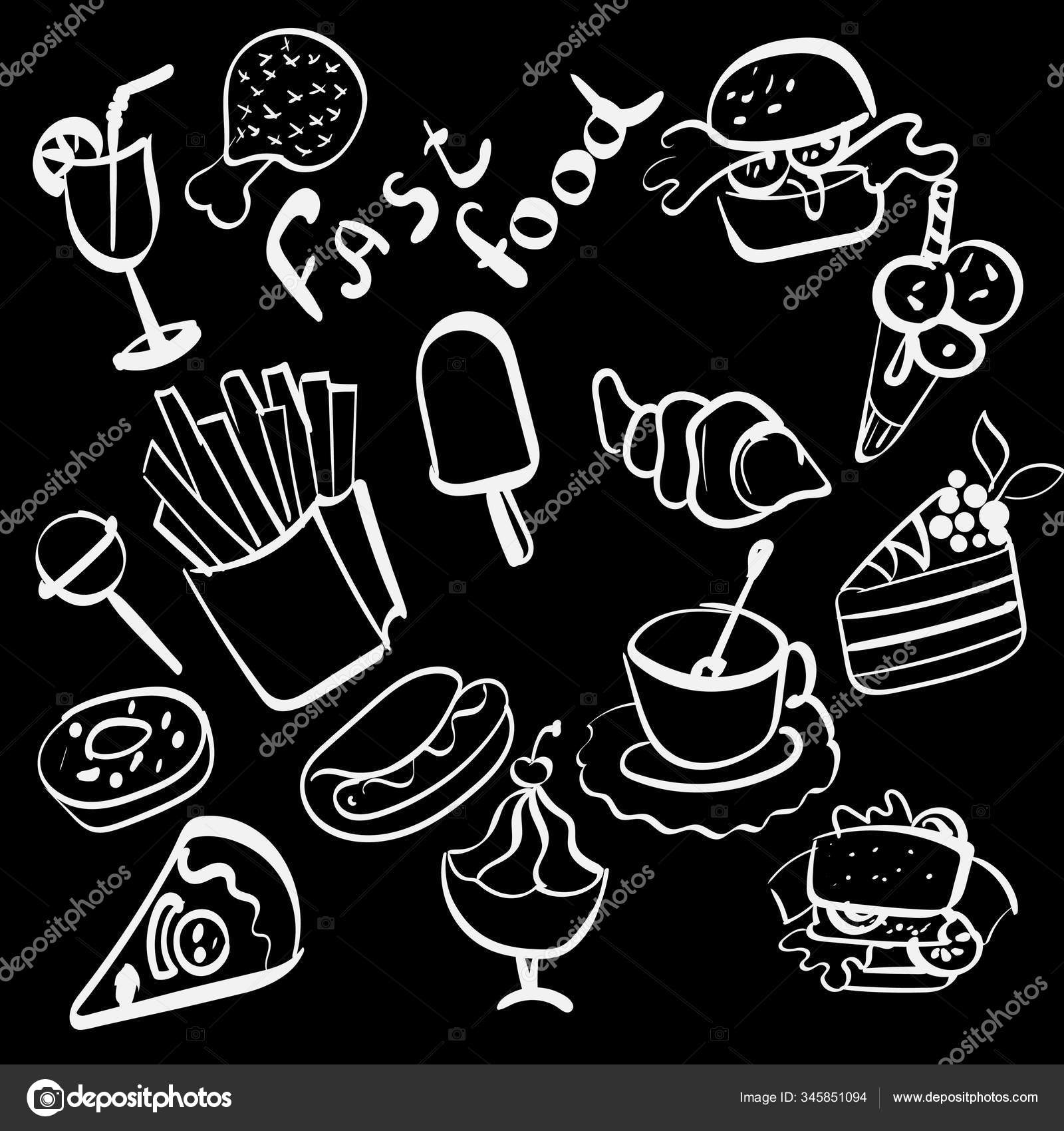 Fast food doodle set, vector on black background. Stock Vector Image by  ©@ #345851094