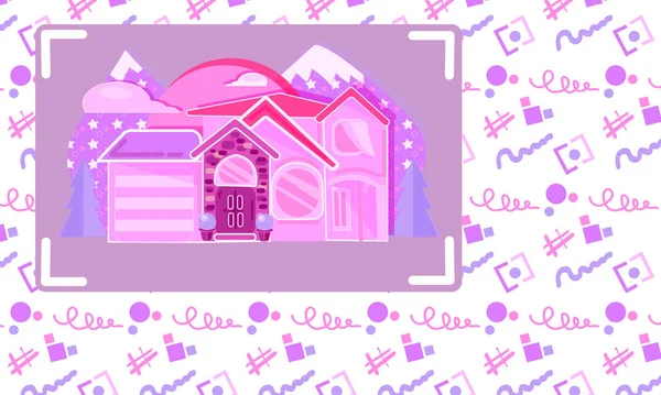 Cozy Pink Casa Con Montañas Sunset Antecedentes — Vector de stock