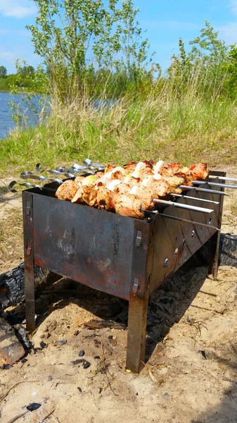 Traditionell Rysk Kebab Spett Med Paprika Som Närbild Matlagningsprocessen Naturen — Stockfoto