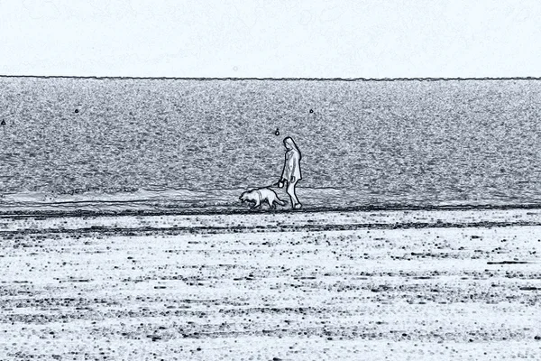 Femme marche avec chien en mer — Photo