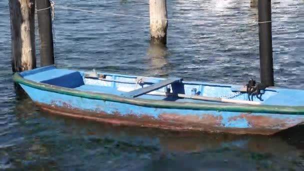 Oude houten boot in de haven — Stockvideo