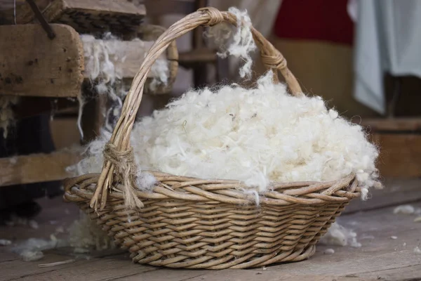Wool in basket in the ancient hut — Stock Photo, Image