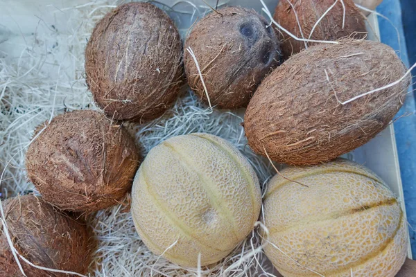 Melões e cocos no supermercado — Fotografia de Stock