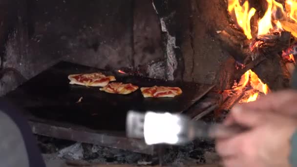 Pizza cooked on the fire — Stock Video