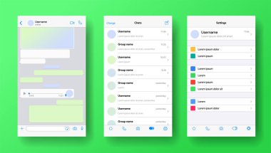 Mobil kurye ekranı. Whatsapp uygulama modeli. Sesli mesaj ya da sesli mesaj bırakın. İş için özel hesabın uygulama düzeni nedir? Vektör illüstrasyonu.