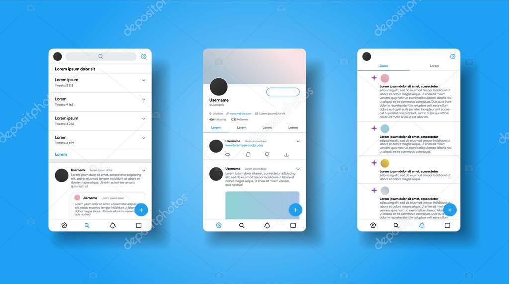 Social media network inspired by Twitter. Mobile app interface. Blog platform. Account with tweet and repost. Tweeter mobile interface design. Vector illustration.