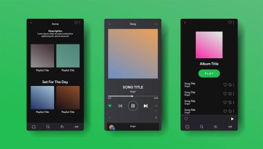 Spotify 'dan esinlenilmiş sosyal medya ağı. Abonelik yoluyla müzik çalar arayüzü. Profil, Albüm, Şarkı, Parça Listesi modeli. Siyah elma müzik ekranı. Vektör illüstrasyonu.