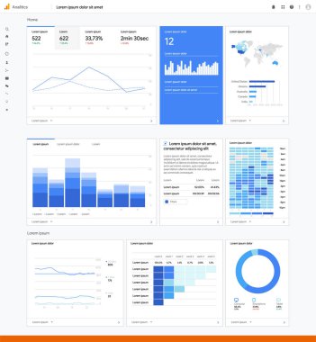 Google analitik bilgi grafiği. İnternet sitesindeki trafik istatistikleri. Dünya haritası seyircisi. Pazarlama iş akışı ve şablon. İlanlardaki analizler uydurma. Editörlük gelişimi sunumu. Vektör illüstrasyonu.