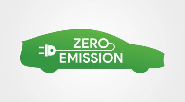 Zero emission icon. Electric car logo. Green eco car with plug. Environment protection technology. Charging station sticker. No fuel auto. Renewable energy. Vector illustration