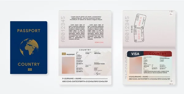 Modello di passaporto biometrico. Carta d'identità di viaggio mockup con visto turistico. Passaggio internazionale. Timbro dell'aeroporto di partenza e arrivo nel documento. Illustrazione vettoriale . — Vettoriale Stock