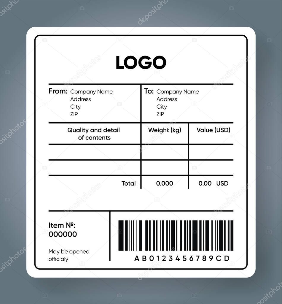 Shipping bar code label. Cargo sticker. Product and price with barcode template. Delivery sticker mockup. Sender and recipient information text area.