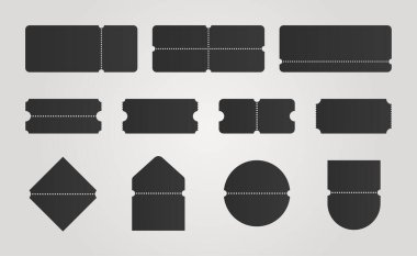 Black concert ticket template. Lottery and sale coupons. Tear off tickets collection. Entry pass mock up. Boarding pass. Voucher with bar code and text place.