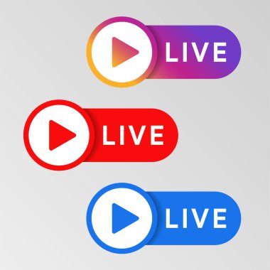 Social media live badge. Instagram, youtube, facebook style banner. Streaming and broadcasting icon. Red. blue and purple color sign set. Vlog airing sticker. clipart