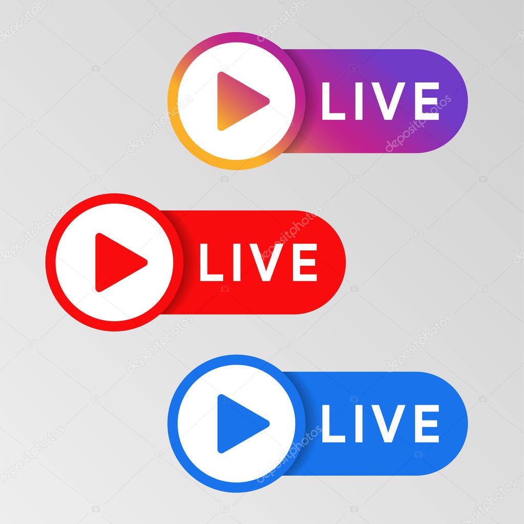 Social media live badge. Instagram, youtube, facebook style banner. Streaming and broadcasting icon. Red. blue and purple color sign set. Vlog airing sticker.