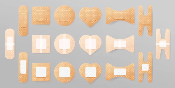 Kit de plâtre médical. Plâtres adhésifs collants fixés avec une peau ou une couverture protectrice. Autocollant de blessure ou patch de bandage. Remède médical bande. Illustration vectorielle — Image vectorielle