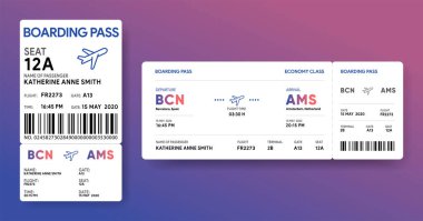 Kağıt ve mobil biniş kartı. Uçak biletinin duyarlı tasarımı. Havayolu veri kartı modeli. Uçuş check-in belge şablonu.